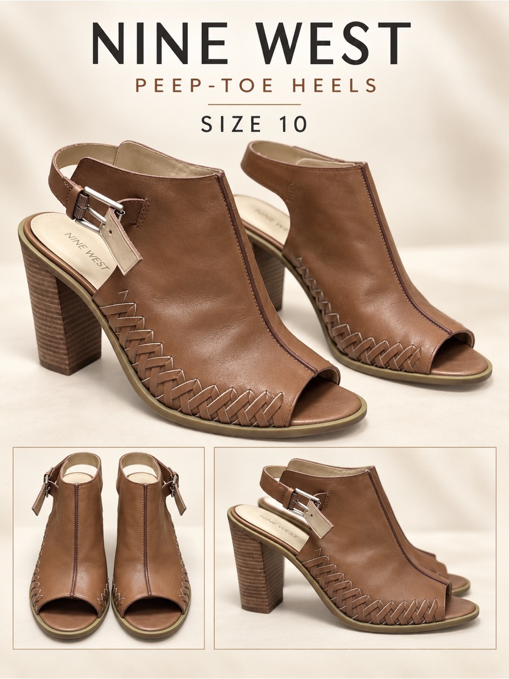 Nine West Brown Leather Peep-Toe Slingback Heels
